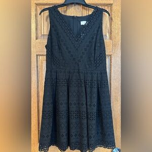 LOFT Outlet Black Eyelet V-Neck Dress. Fully Lined, Size 8.